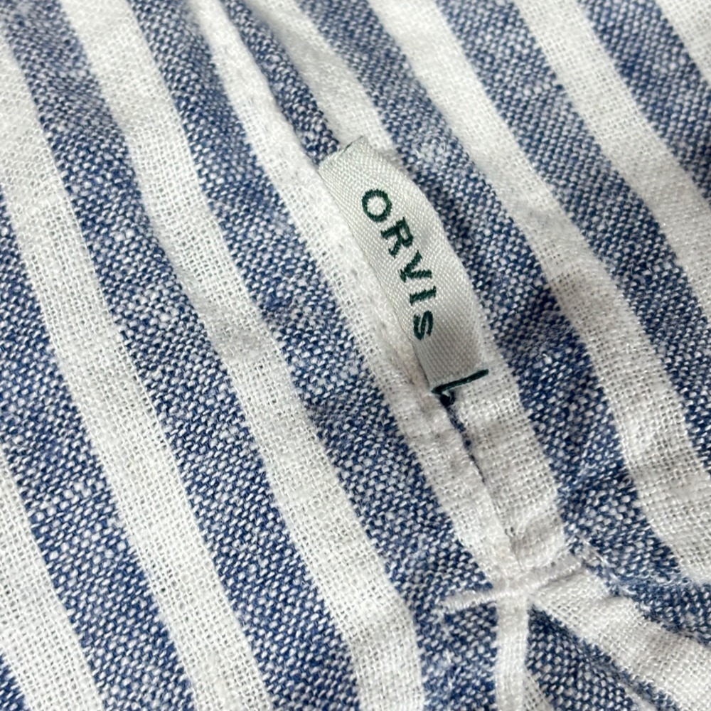 VTG Orvis Button Up Shirt Blue White Striped Linen Coastal Nautical Beach XL - Picture 8 of 12